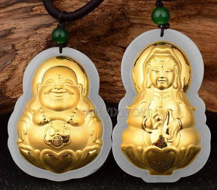 

Натуральный белый нефрит + 18K твердый золотой большой китайский кулон с изображением Будды и Гуаньинь счастливый амулет + ожерелье бесплатн...