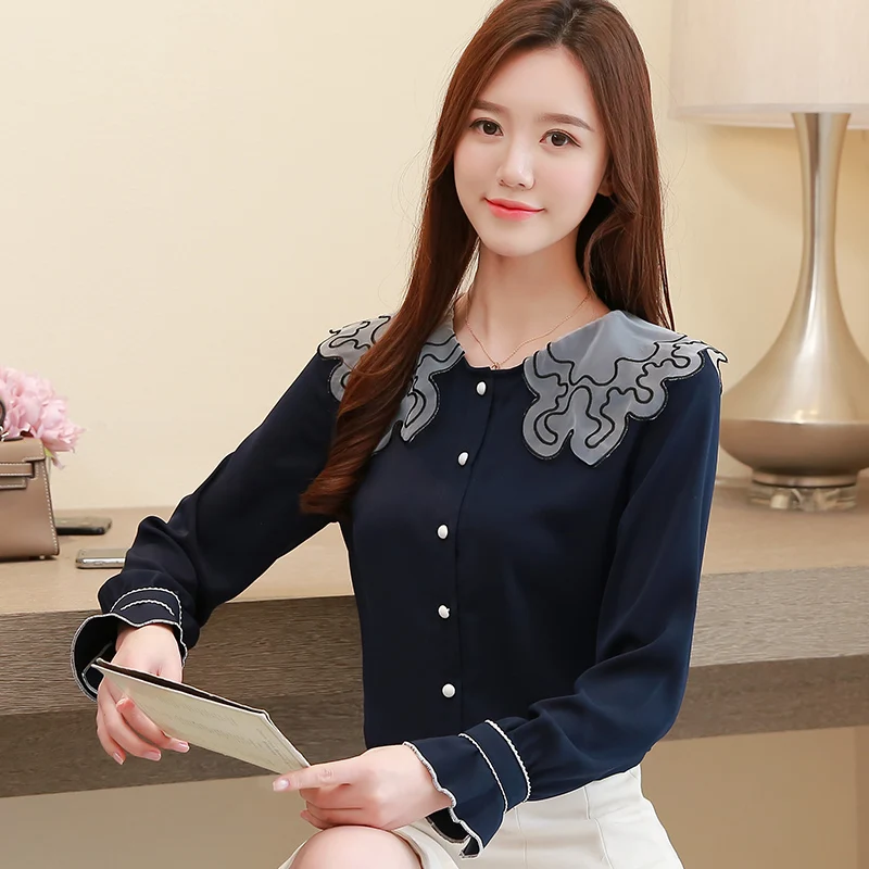 womens tops and blouses women shirts plus size Lace Doll Collar Long Sleeve chiffon blouse Shirt 2019 Spring school wind 2588 50 | Женская