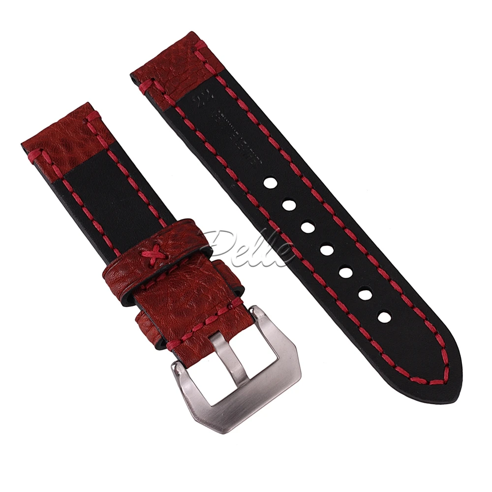 Pelle 22mm Red Vegetable Tanned Cowhide Leather Strap Silver Buckle Genuine Calfskin | Наручные часы