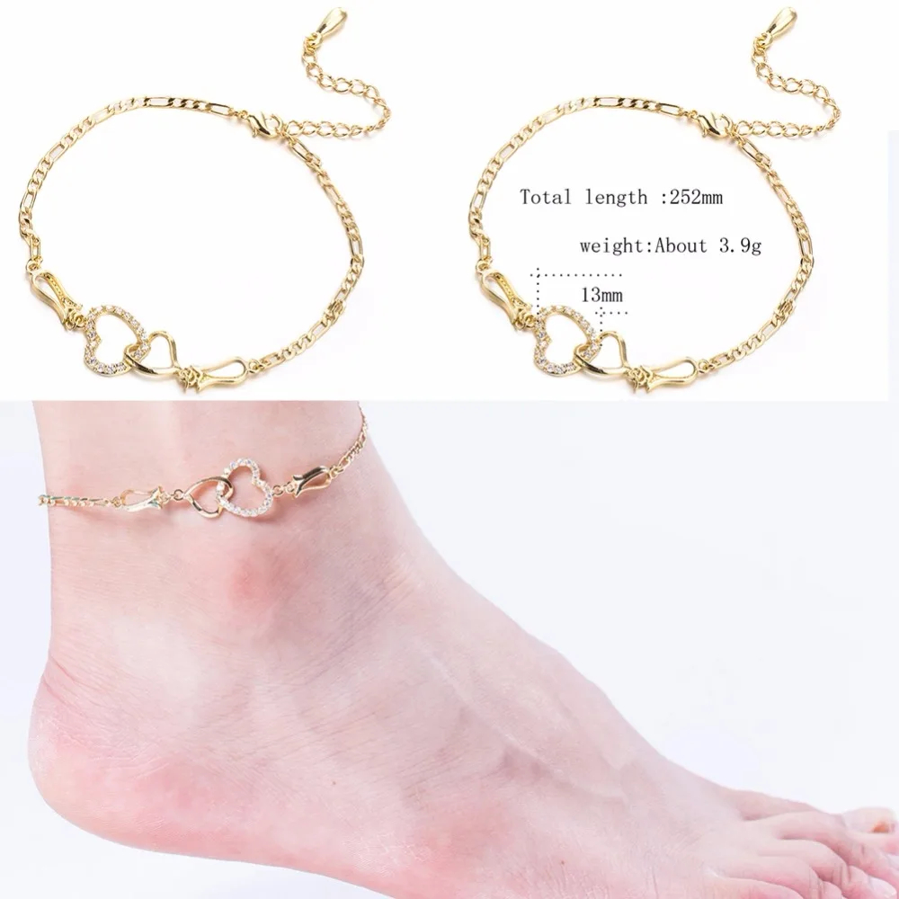 

Gold Plating Women's Stainless Steel Chain Hollow Love Heart With Crsytal Adjustable Beach Foot Leg Bracelet Anklet Jewelry