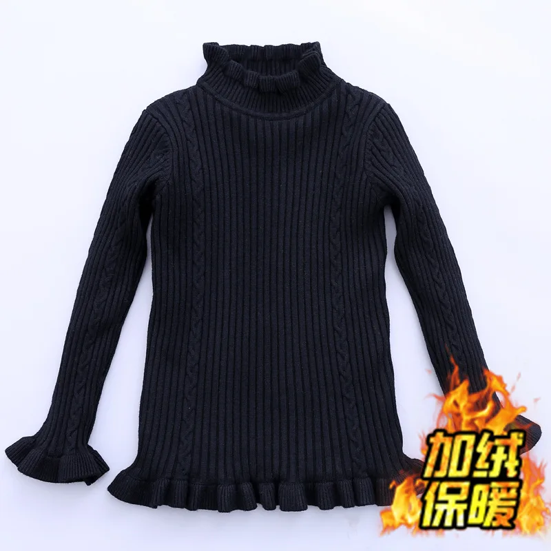 Add wool Black Свитер для девочек; сплошной цвет оборки; свитера с рукавами; Осенняя Модная трикотажная одежда для девочек; зимние топы для маленьких девочек; теплая одежда - Цвет: Add wool Black