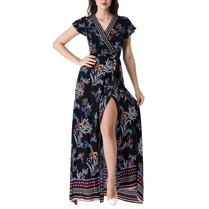 Vfemage Women Petite Sexy Summer Boho Floral Print Ruffle Frill Sleeve Pocket Split Casual Beach Party Wrap Maxi Long Dress 3206