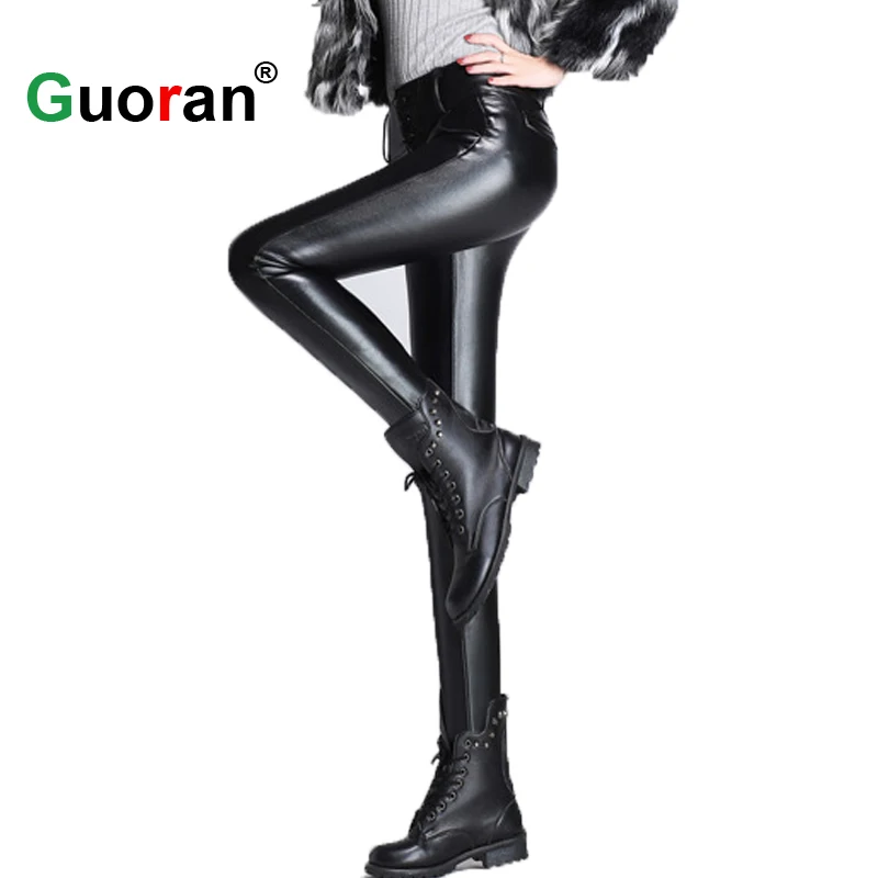{Guoran} Высокая талия стрейч женские обтягивающие из искусственной кожи