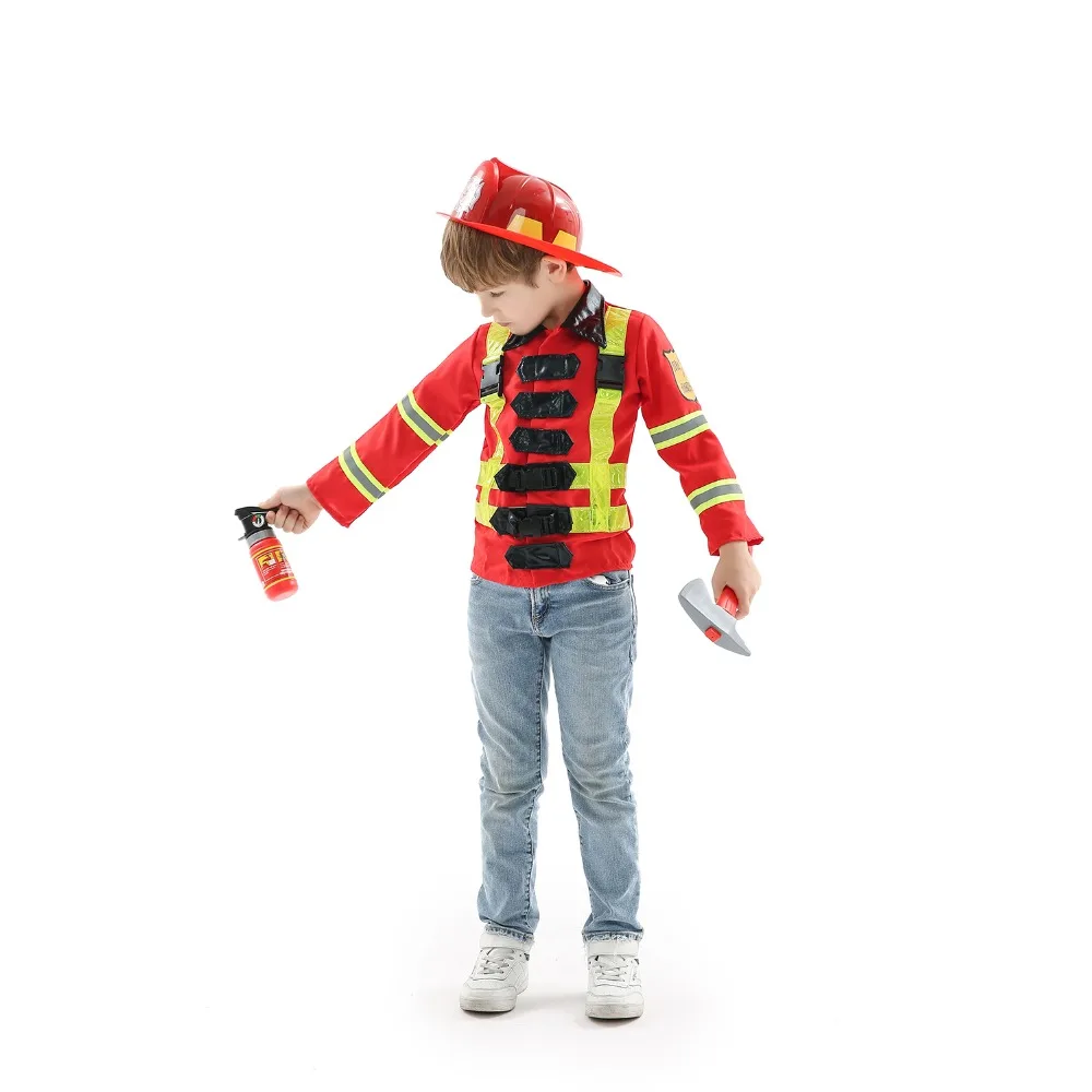 

Bright Theme Carnival Party Kids Firemen Top Uniform Exquisite Halloween Firefighter Cosplay Costume Full Set of Accessories