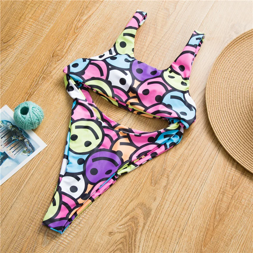 Lovely Cartoon Swimsuit 2019 New High Waist Swimwear Smile Face Women Bikinis Hollow Out Summer Beach Biquini Swimming Suit | Спорт и