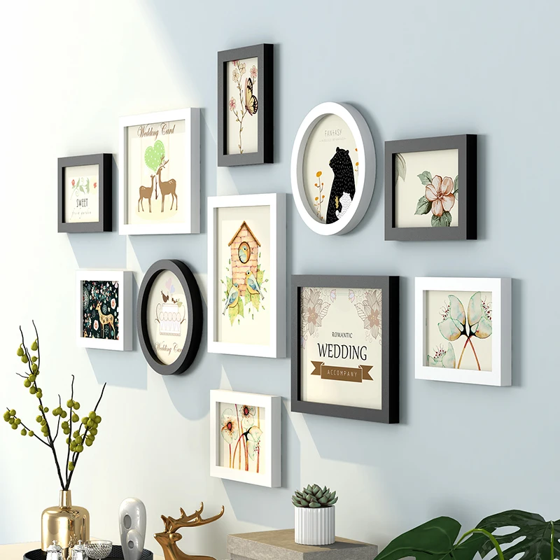 

Modern Cute Pattern Wall Hanging Photo Frames Set 11pcs Wooden Picture Frames Suit Sofa Bed Livingroom Wall Decor Photo Frame