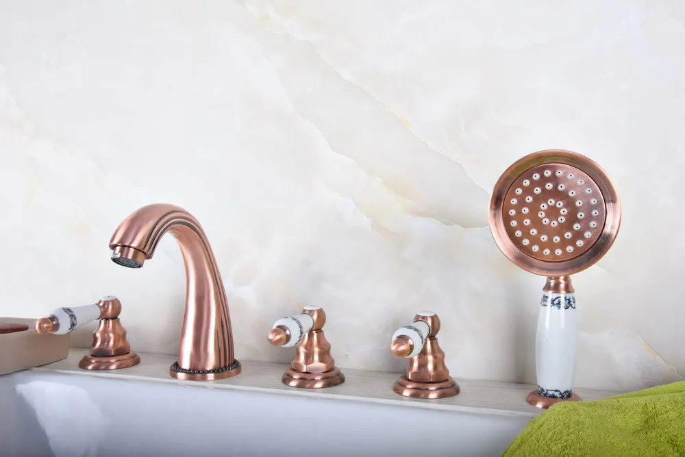 

Antique Red Copper Brass Widespread 5 Hole Bathroom Roman Tub Bath Faucet with Telephone Style Hand Held Shower Head atf187