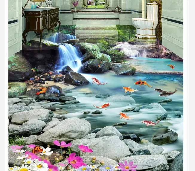 3d Пол живопись обои водопад 3D ПВХ для ванной комнаты пола|pvc flooring wallpaper|floor
