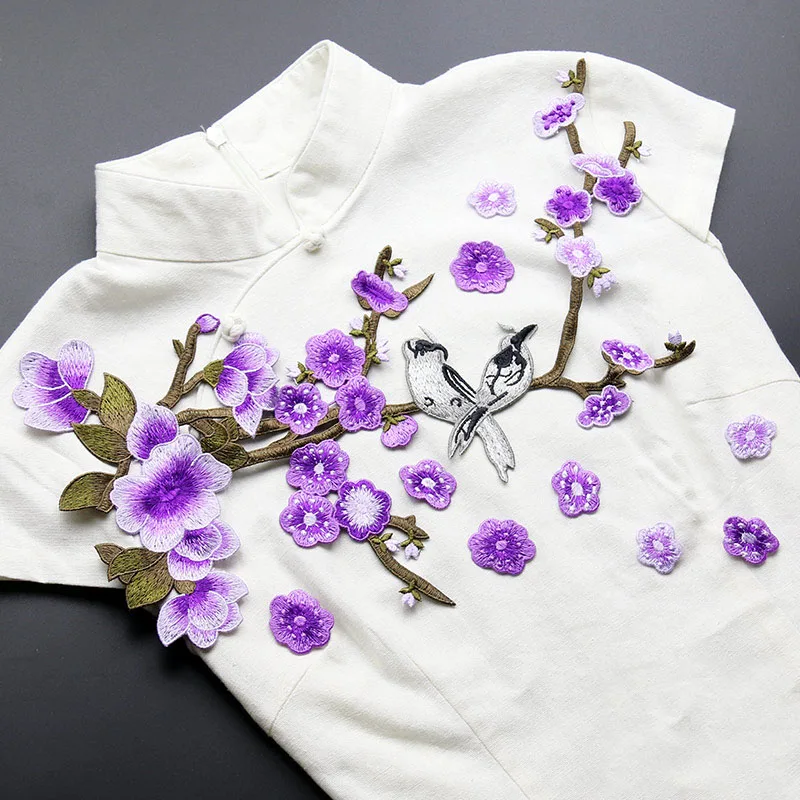 High Quality Embroidery Plum Blossom Patch Flower with Bird Patches DIY Clothing Sew On Sticker for Dancing Dress Cloth | Дом и сад