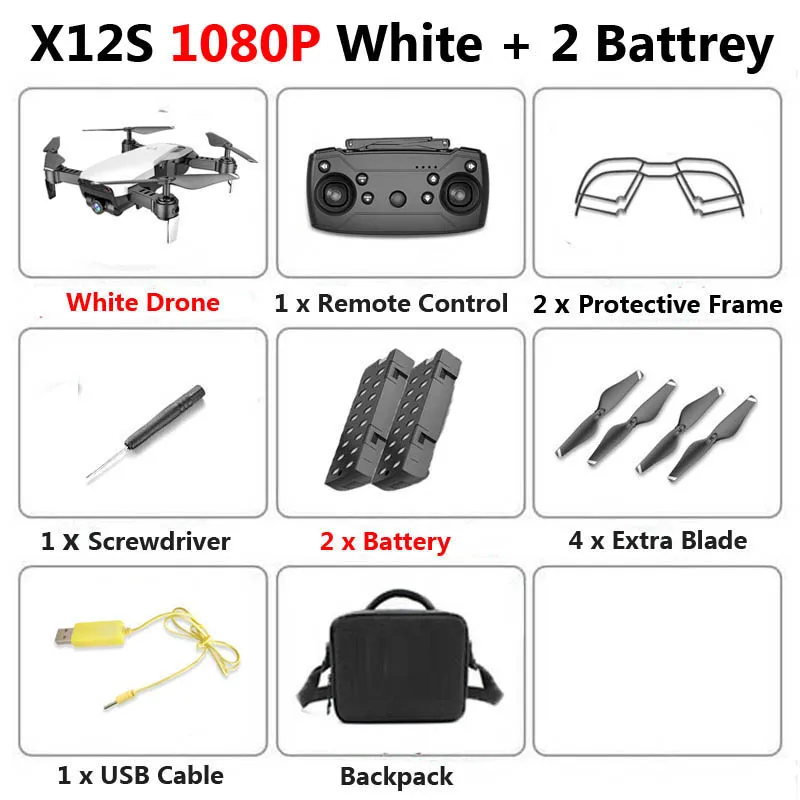1080P White 2B Bag X12S Wi-Fi FPV мини складной Дрон Двойная камера 1080P 4K оптический поток воздушная видео профессиональный Радиоуправляемый квадрокоптер Вертолет игрушка SG106 - Цвет: 1080P White 2B Bag