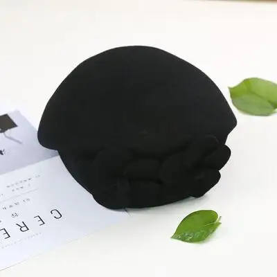 Flower French Trilby Wool Soft Stewardess Hat gorras planas New Fashion Women Beret Hat For Women Beanie Female Cap - Цвет: black