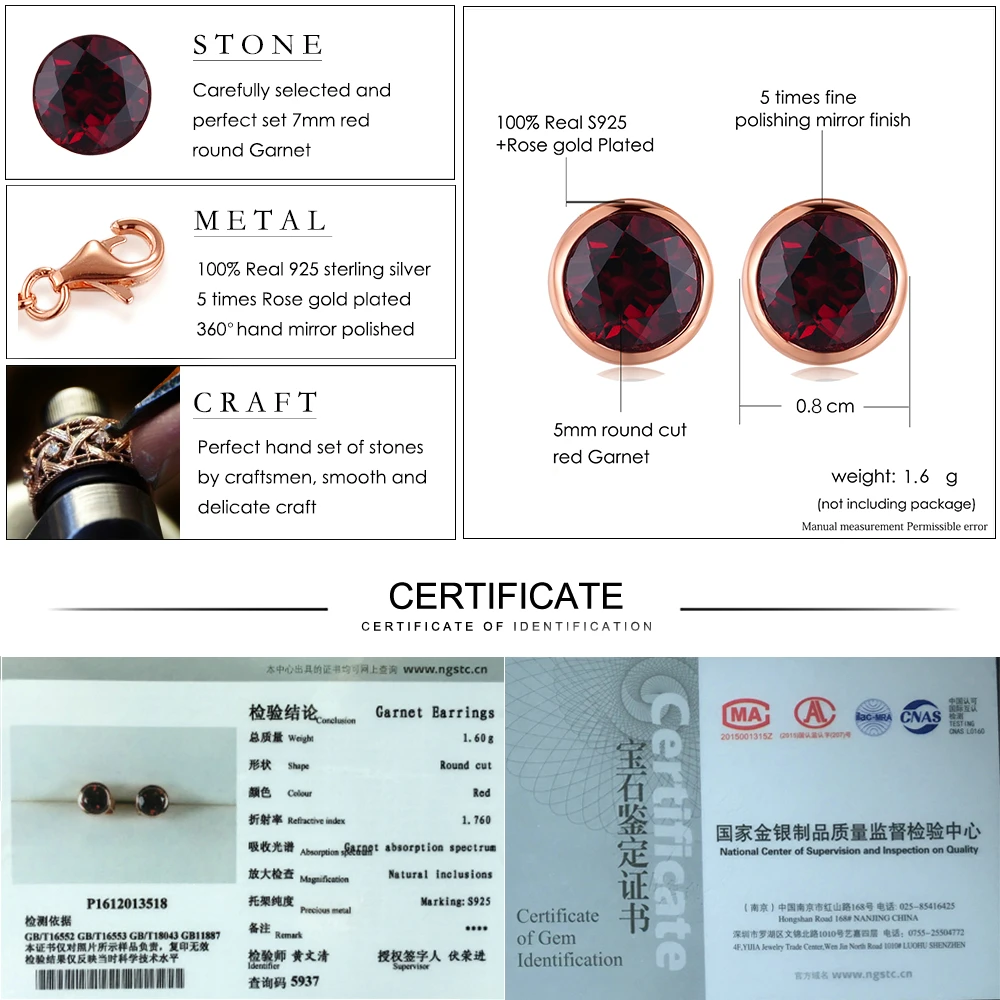 Серьги гвоздики из серебра 100% пробы с натуральным красным гранатом 5 мм 1 карат|stud