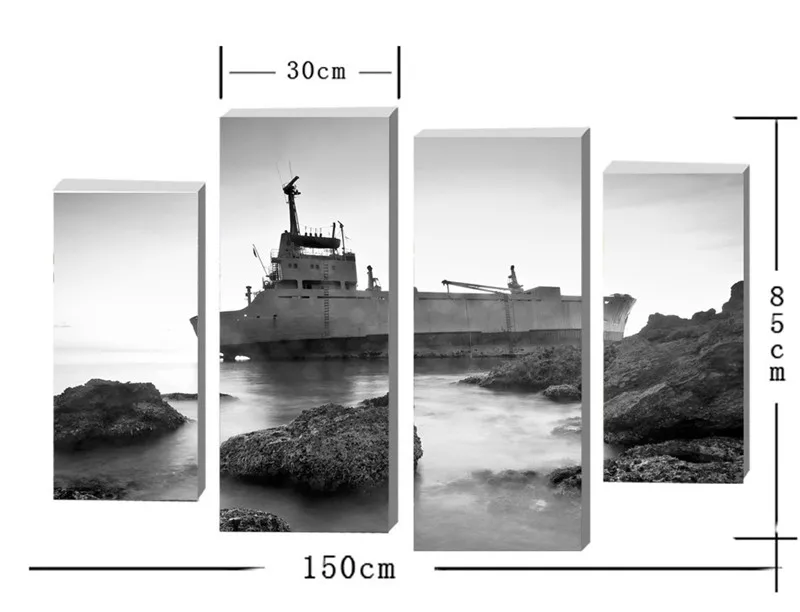 4 панели скандинавский стиль серый морской камень Лодка на стену художественная