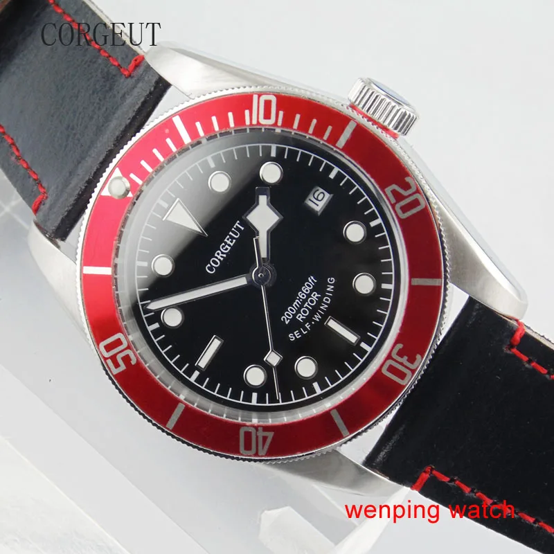 

Corgeut 41mm Red Bezel Sapphire Glass Black Dial Silver color hands Automatic movement Mens Watch 1670