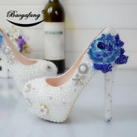 2019 new arrival womens wedding shoes white pearl bridal party dress shoes royal blue flower woman high heels platform shoe