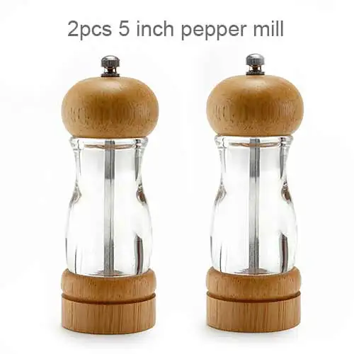 2pcs-5 inch Новинка 5 дюймов мельница для соли и перца мельницы ручной дуб акриловые бутылки для специй Зерна мельница для приправы шлифовальная кухонная машина инструменты - Цвет: 2pcs-5 inch
