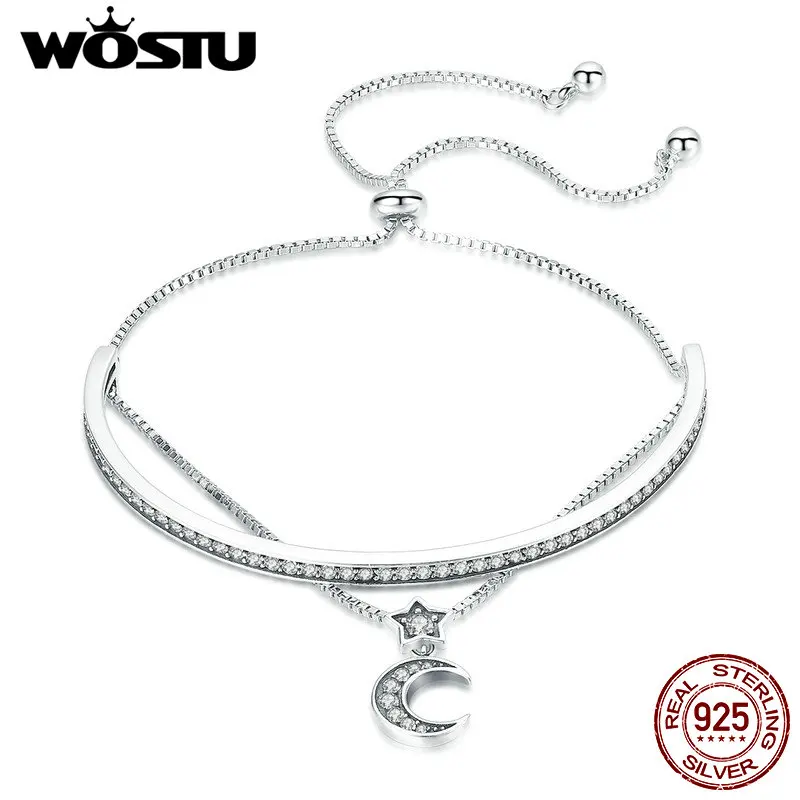 WOSTU, новая мода, 925 пробы, серебряный, ослепительные звезды и луна, цепочка, регулируемый браслет, браслет для женщин, S925, ювелирное изделие, подарок, CQB109