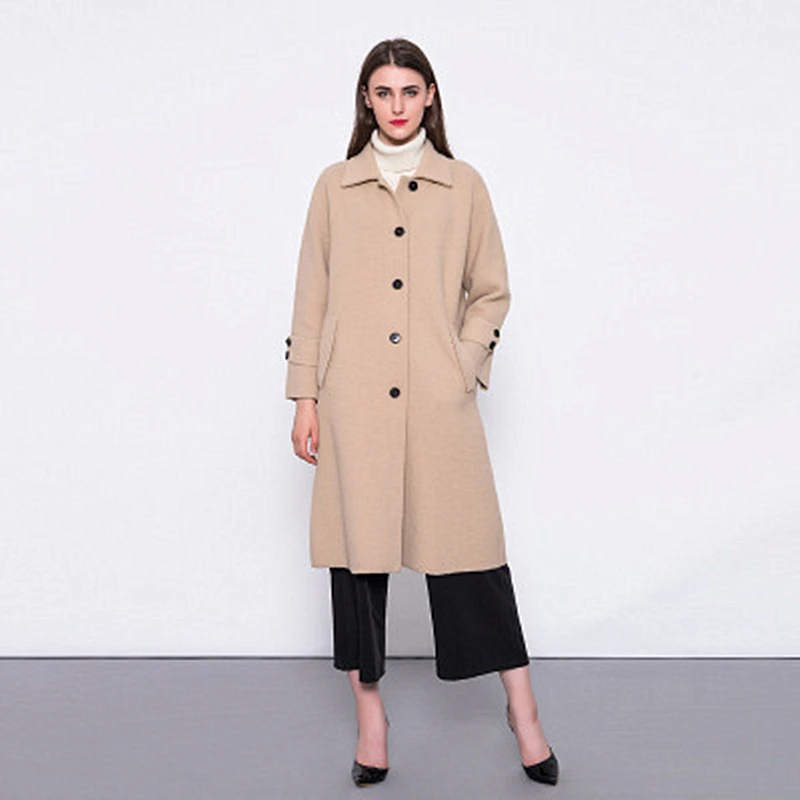 Зимнее длинное шерстяное пальто трикотажное имитация двусторонней шерсти