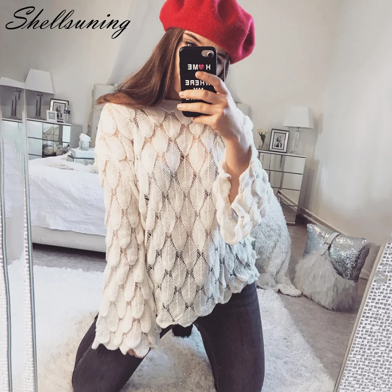Shellsuning вязаный свитер для женщин 3D рыбья чешуя о-образный вырез оверсайз Пуловер розовый белый джемпер рождественский джемпер зимние свитера