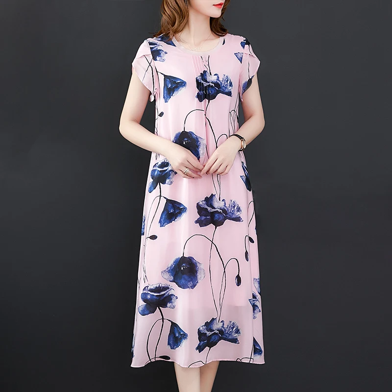 

Новые летние 2019 Для женщин Национальный стиль цветочный шелковое платье Элегантный шею короткий рукав свободный плюс Размеры длинные плат...