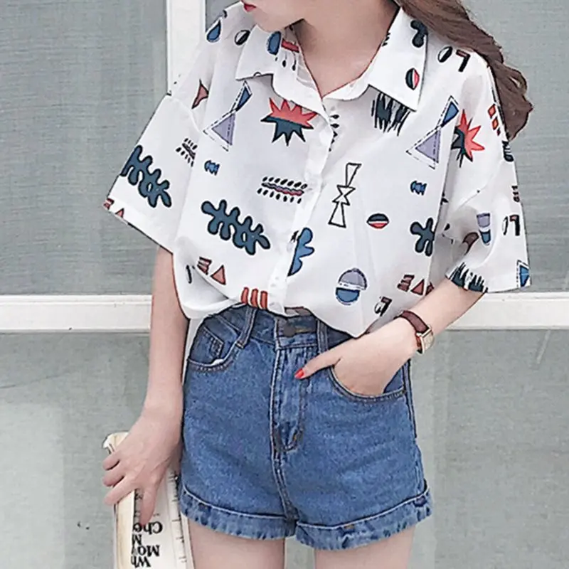 Harajuku White Shirt Women Korean Street Blouses Chic Print Summer Tops School Girl Loose Plus Size Office Ladies Casual Shirts |