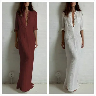 Белье макси платье женщины Хлопок Глубокий V-образным Вырезом рубашки платья |