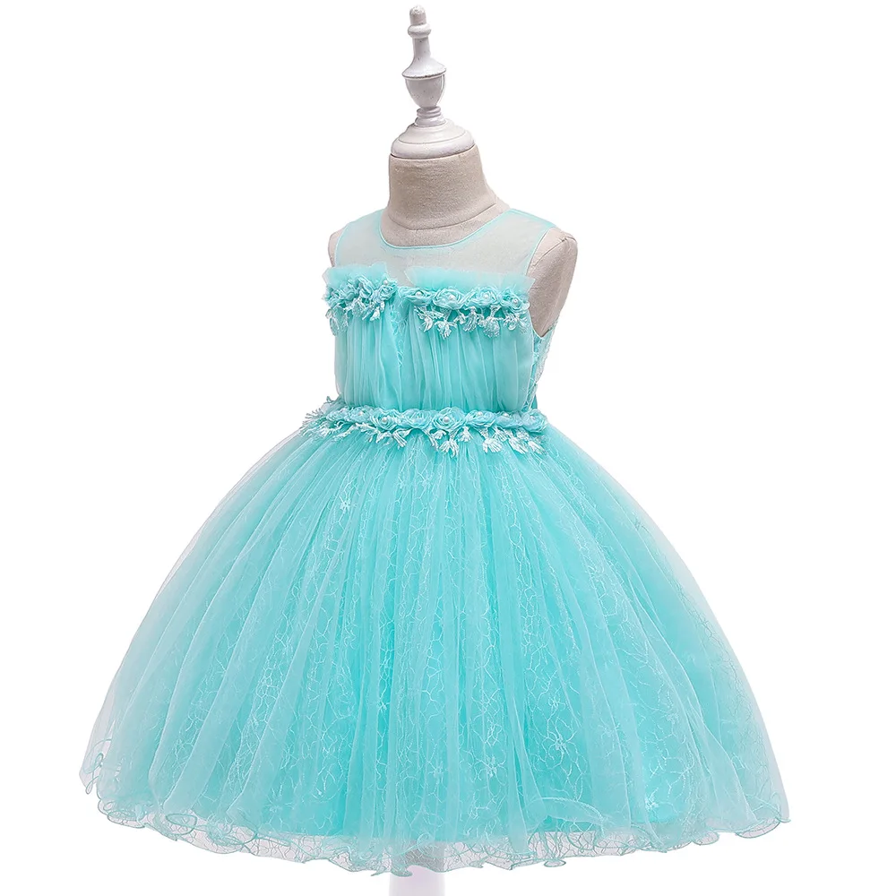 

European American New Mesh Flower Tassel Princess Dress Flower Girl Dresses 4 Colors Elegant Tulle Prom Party Gowns For Girls