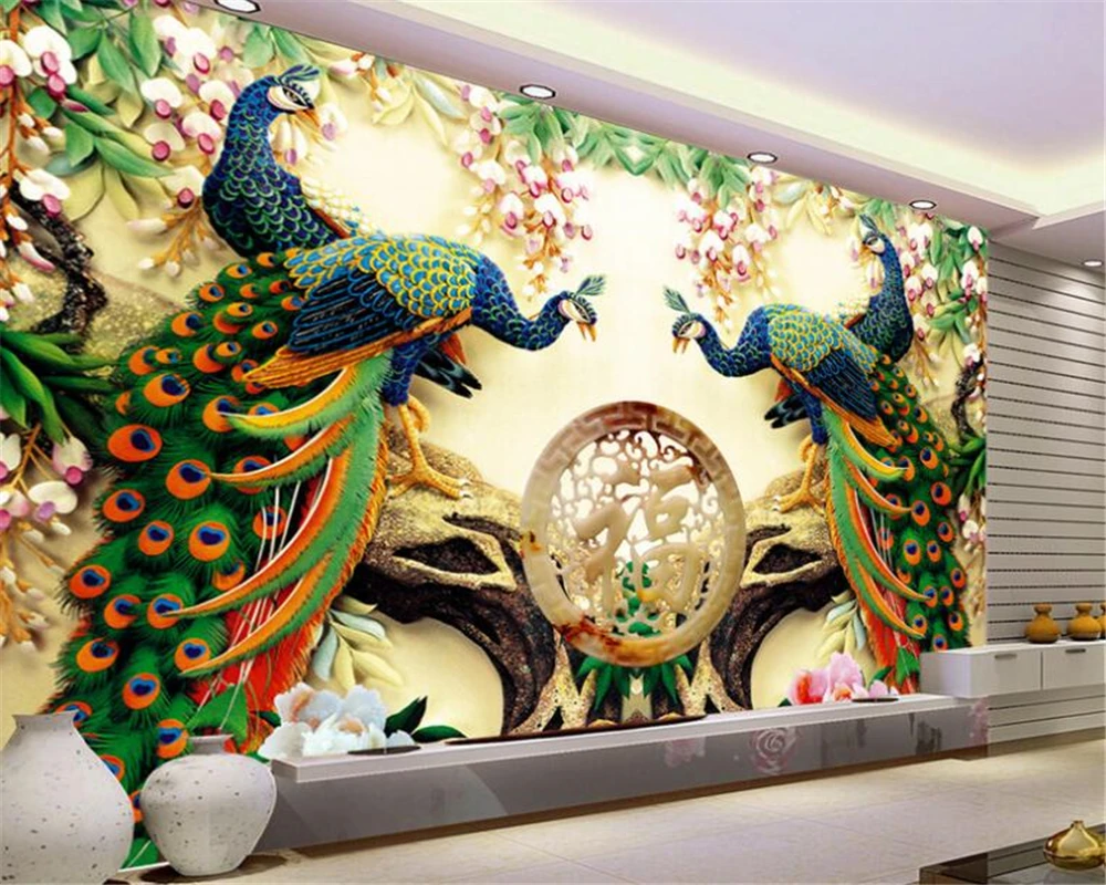 

beibehang tapety Fashion big wallpaper jade carving peacock Nafu TV backdrop decorative painting papel de parede 3d wallpaper