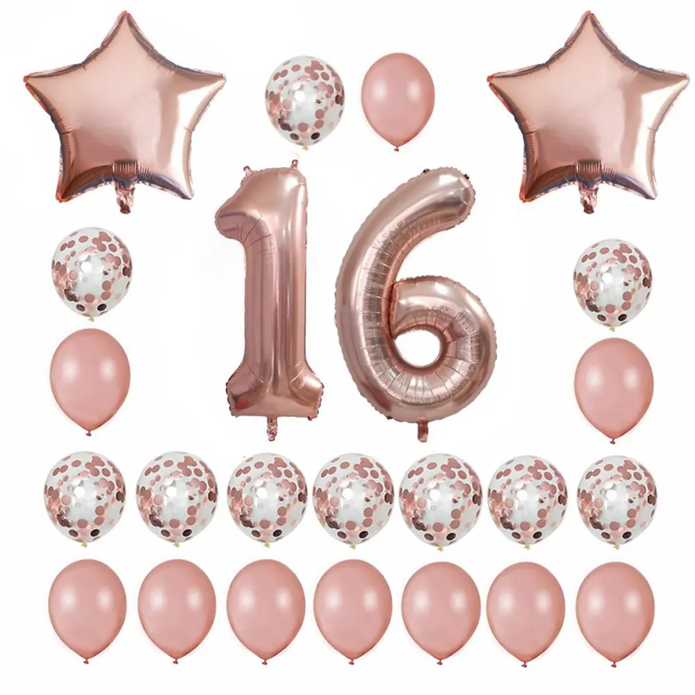 Rosegold 16 Set 24 шт 1st 18 25 30 50th день рождения звезда розового золота конфетти гелий 40 дюймов номер фольги шары украшения юбилей шары - Цвет: Rosegold 16 Set