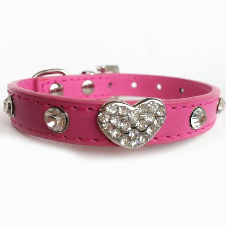 Bling rhinestone dog collar cute heart pet cat luxury diamond pu leather chihuahua small necklace pendant | Дом и сад