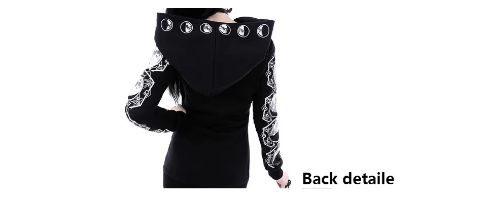 5XL готический панк женский Принт с длинным рукавом толстовки повседневные куртки на молнии с капюшоном топы женские осенние зимние черные толстовки