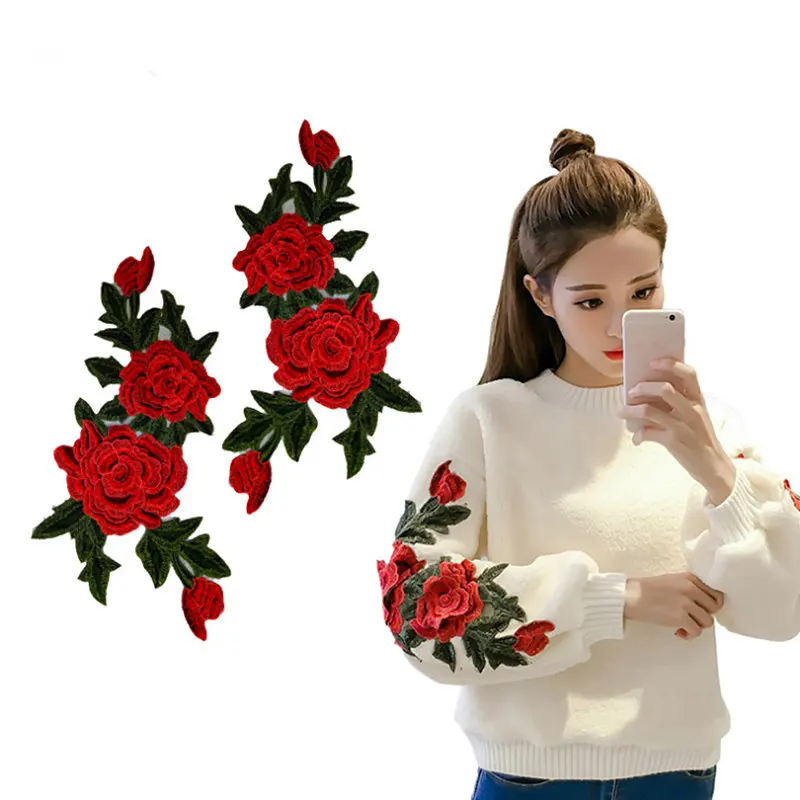 2 шт./компл. красная роза вышитая нашивка на одежду цветок Железо на патч наклейка для значок швейная ткань аппликация на одежду кружева
