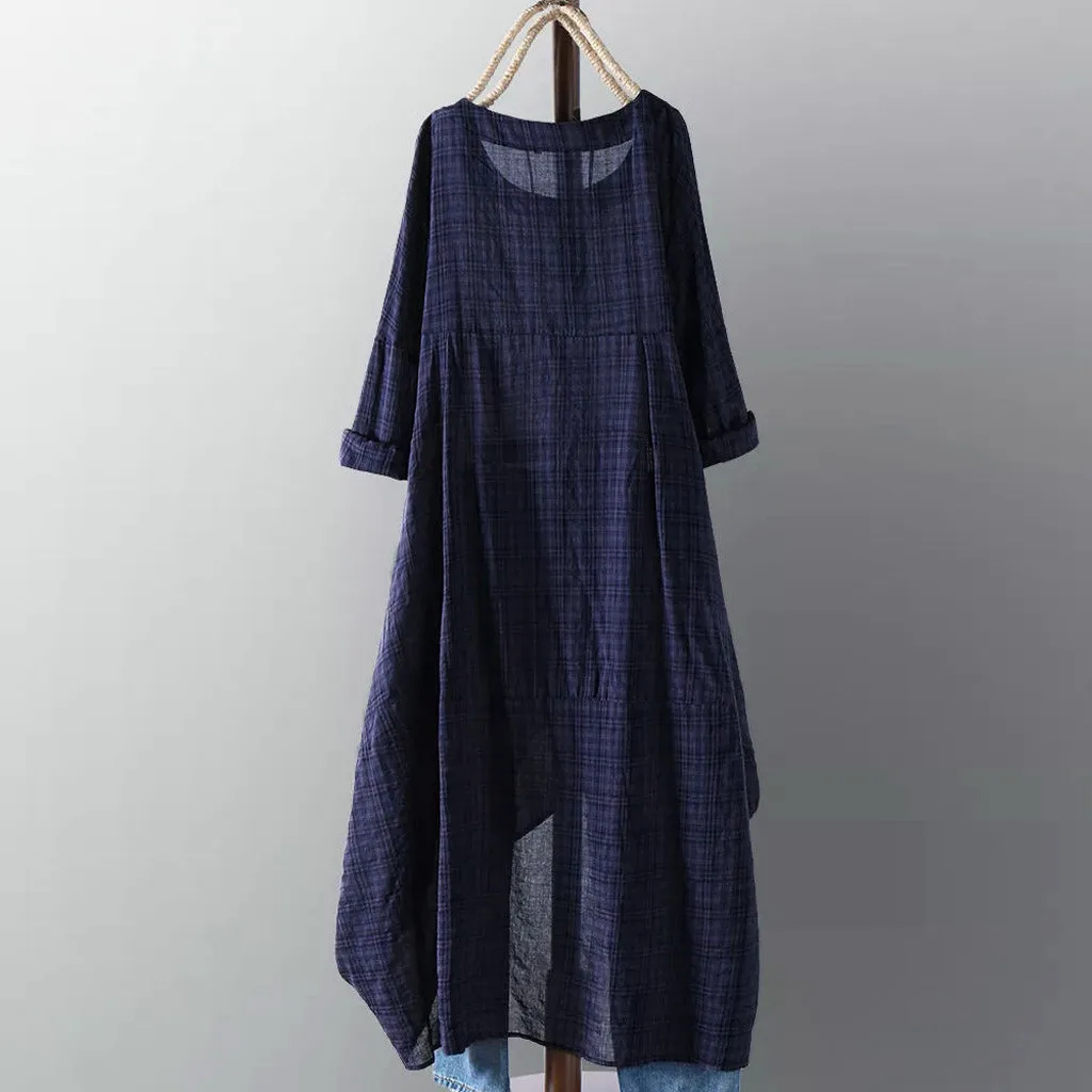 JAYCOSIN 2019 Women Check Plaid Summer O-Neck Long Sleeve Irregular Shirt Dress Vintage Split Hem Cotton Vestido dropship | Женская