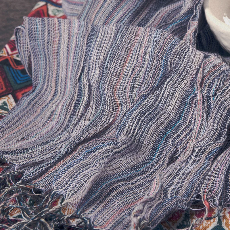 Шарф женский в полоску 100% см льняной модный удобный с кисточками для отдыха 5