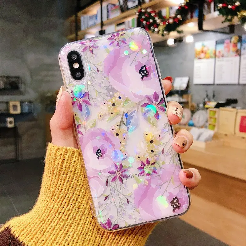 Блестящий Прозрачный чехол для телефона с цветочным рисунком iphone XS MAX XR на 6 s 7 8 Plus