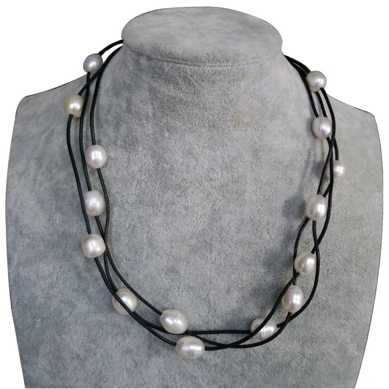 

17 inches 3 Rows Black Leather with White Natural 11-12mm Oval Pearl Necklace