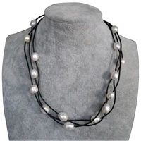 17 inches 3 rows black leather with white natural 11 12mm oval pearl necklace