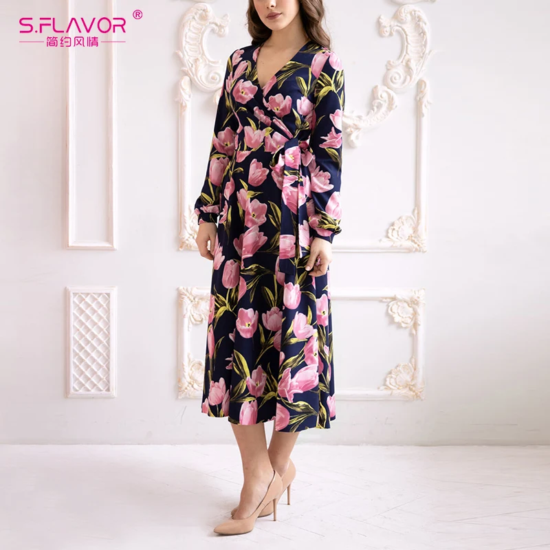 S.FLAVOR Flowers Printed Women Dress Elegant V neck Sexy Party Vestidos De Festa Autumn Winter Casual Dresses|Женские платья| |