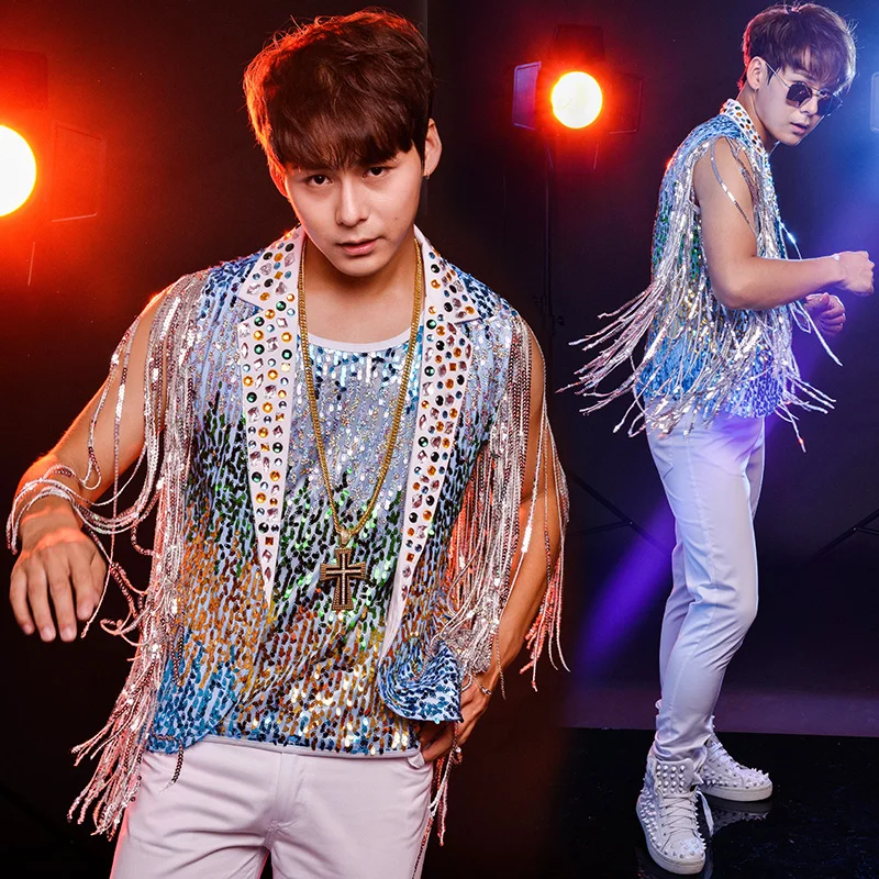 Мужские Сценические костюмы для певцов с кисточками и стразами куртка в стиле