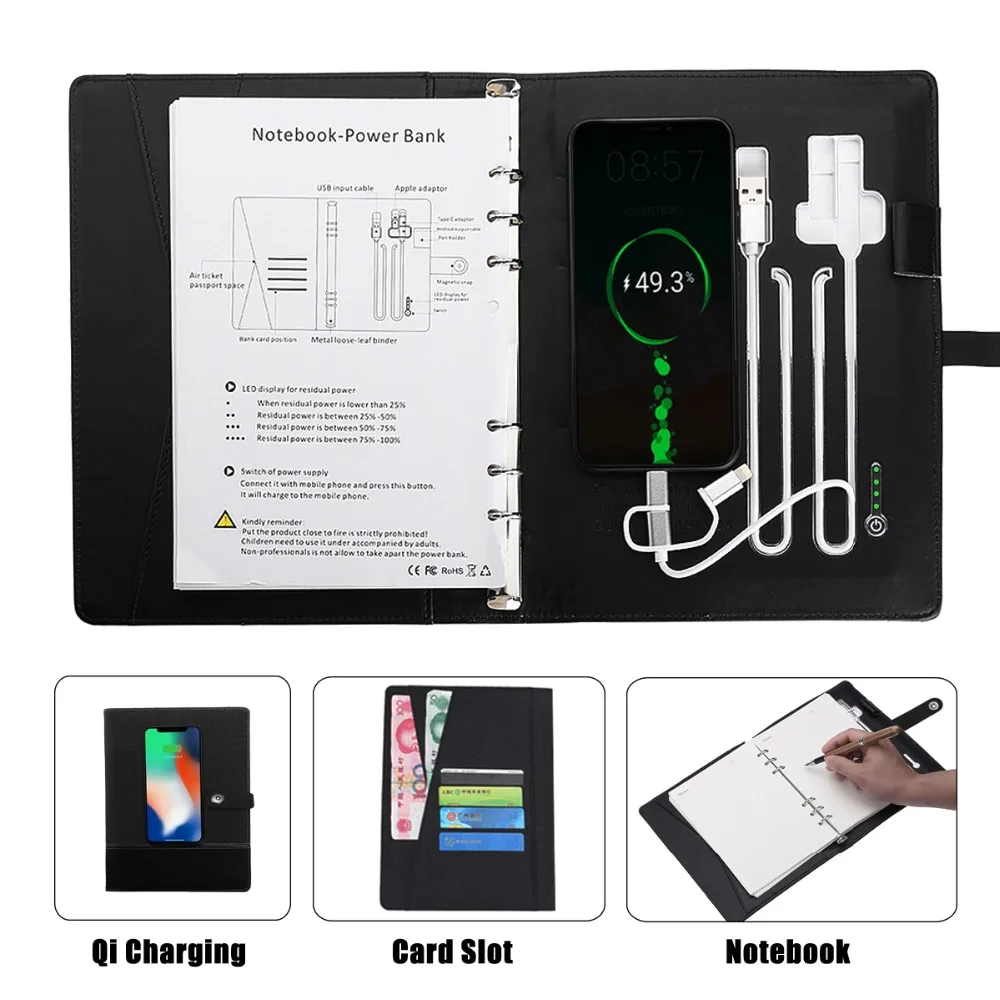Бизнес блокнот Многофункциональный A5 power Book 8000 mAh power Bank Qi Беспроводная зарядка записная книжка Переплетчик дневник на спирали планировщик