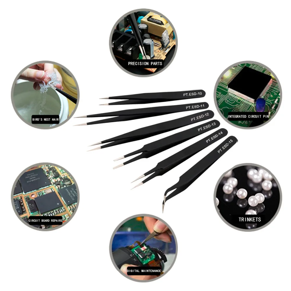 

Precision Stainless Steel Tweezers Set 6pcs ESD Anti-static Tweezer for Electronics Phone Repairing Tools