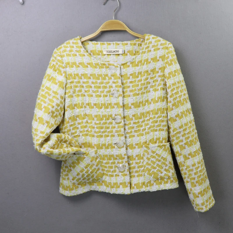 Желтая твидовая куртка + короткая юбка комплект 2020 осень/Новинка зимняя женская