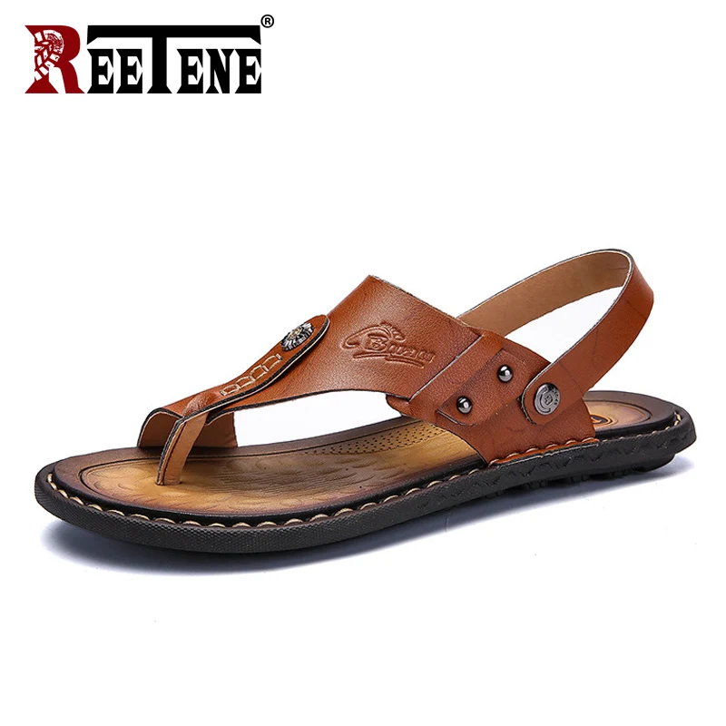 Khaki REETENE/Лидер продаж; мужские сандалии из натуральной кожи; Мужская Летняя обувь; тапочки для отдыха; Вьетнамки; Мужская Удобная обувь; мягкие сандалии - Цвет: Khaki
