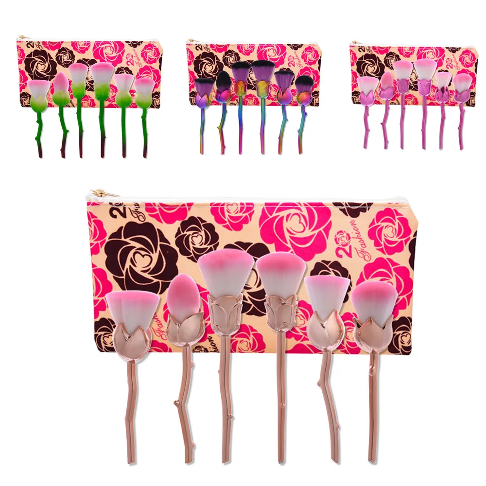 Розовый цветок форма пламени pro 6 шт кисти для макияжа набор румян с косметической