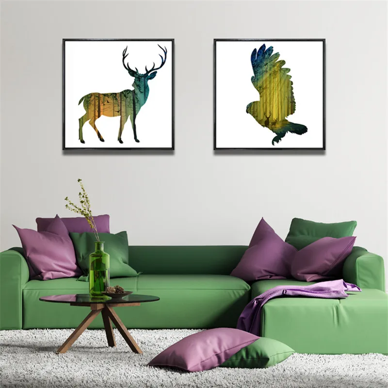

YongHe Nordic style Home Decorative Oil Painting Elk and eagle Customizable Sizes Spray Painting wall deco Frameless ink Poster
