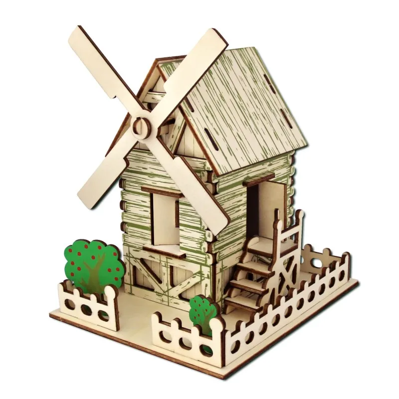 

candice guo! wooden toy 3D puzzle hand work DIY woodcraft assemble kit country windmill house birthday Christmas gift 1pc