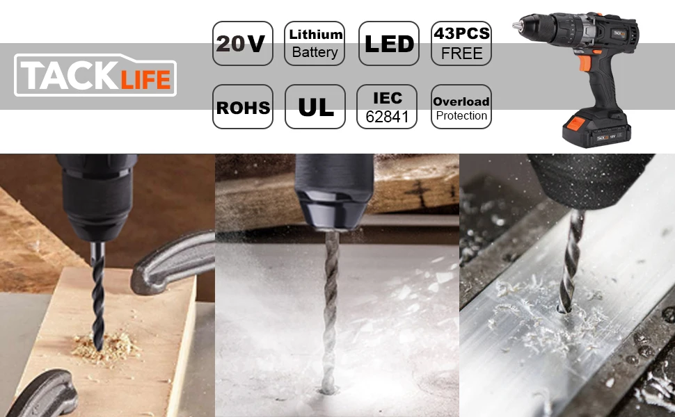 Tacklife PCD04B 20 В Макс. 1/2 Ач литий-ионная аккумуляторная дрель-шуруповерт "с функцией молотка, 2 скорости, максимальный крутящий момент, аксессуар 43 шт