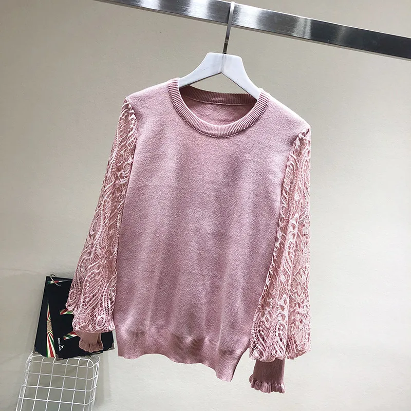 LUOSHA Women Autumn Winter Knitted Pullovers And Sweater Hollow Out Lace Sleeve Patchwork Female Pull Femme | Женская одежда