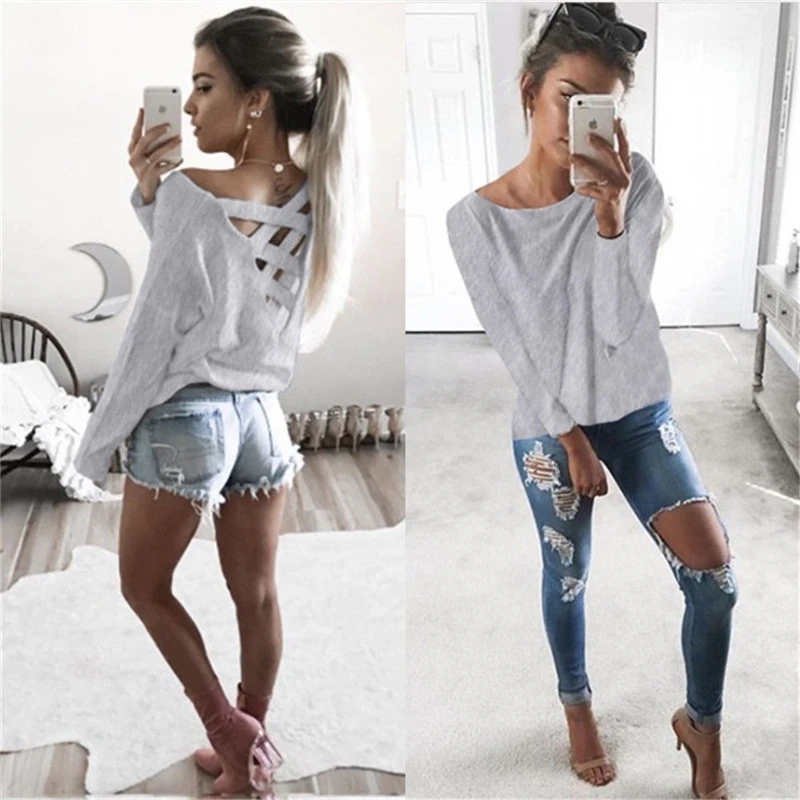 

2017 women spring/summer shirt arrival unicorn sexy Long sleeve women top back cross hollow out clothes loose blouse