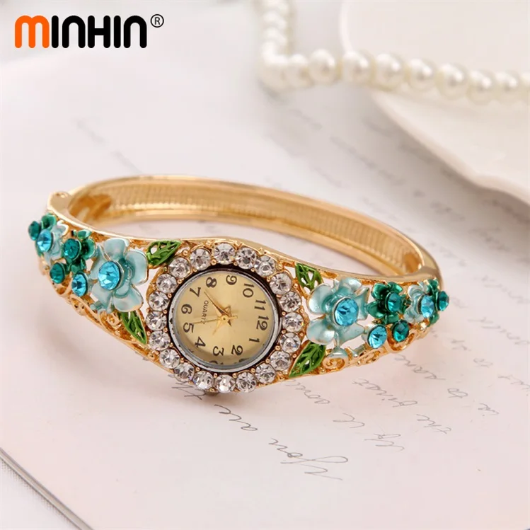 MINHIN, женские модные часы, ювелирные изделия, позолота, кристалл, цветок, женское платье, кварцевые часы, повседневные наручные часы, фирменный дизайн - Цвет: W021